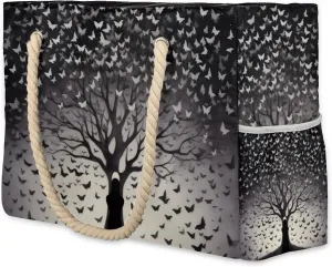 Horror Theme Large Beach Tote Bag Women Waterproof Sandproof Zipper Spooky Tree Butterfly Beach Bag for Pool Gym Grocery Travel with Wet Pocket