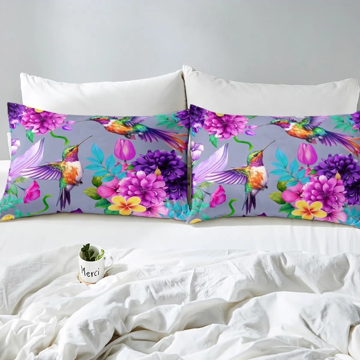 Hummingbird Comforter Cover Tropical Birds Bedding Set for Boys Girls Children Hummingbird Flowers Spring Botanical Gorgeous Grey Duvet Cover Farmhouse Garden Room Decor Full Size Quilt Cover 3Pcs