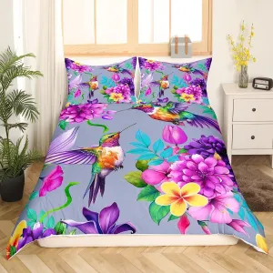 Hummingbird Comforter Cover Tropical Birds Bedding Set for Boys Girls Children Hummingbird Flowers Spring Botanical Gorgeous Grey Duvet Cover Farmhouse Garden Room Decor Full Size Quilt Cover 3Pcs