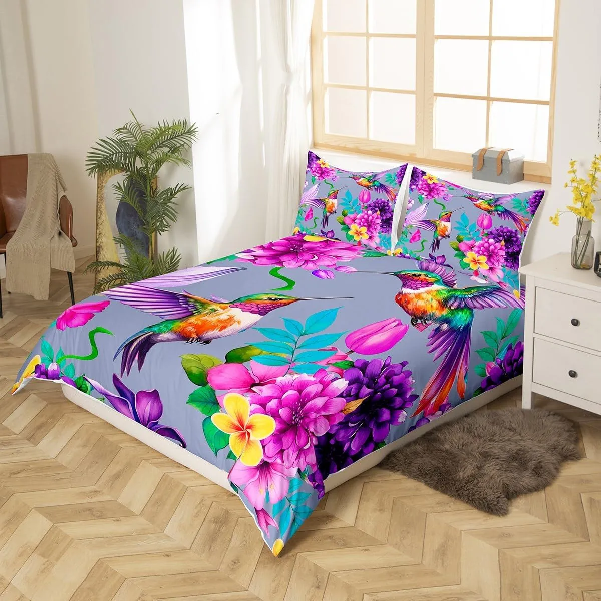 Hummingbird Comforter Cover Tropical Birds Bedding Set for Boys Girls Children Hummingbird Flowers Spring Botanical Gorgeous Grey Duvet Cover Farmhouse Garden Room Decor Full Size Quilt Cover 3Pcs