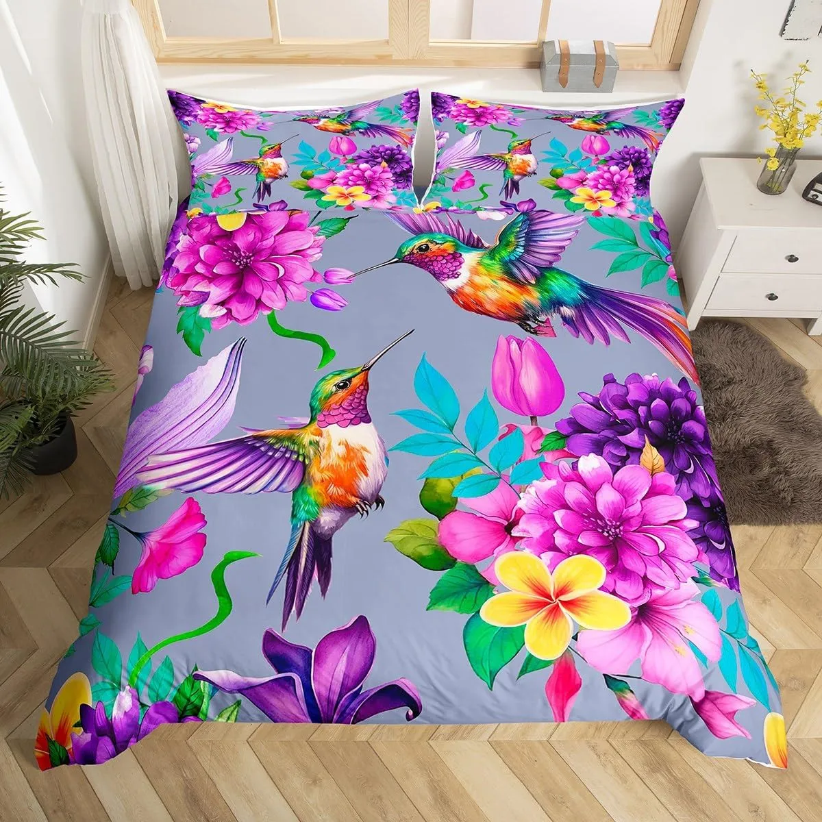 Hummingbird Comforter Cover Tropical Birds Bedding Set for Boys Girls Children Hummingbird Flowers Spring Botanical Gorgeous Grey Duvet Cover Farmhouse Garden Room Decor Full Size Quilt Cover 3Pcs