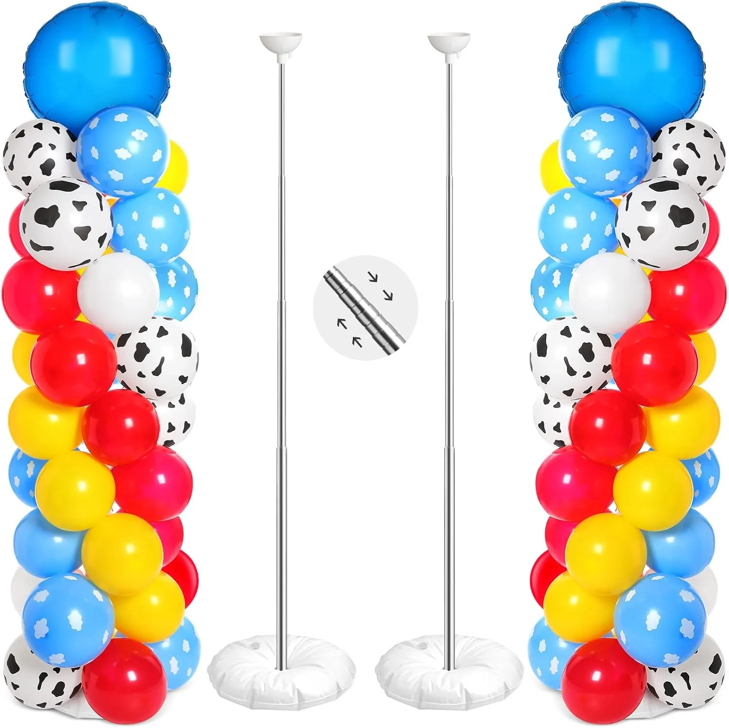 Hungdao 121 Pcs Toy Inspired Balloon Column Stand Kit Cartoon Story Game Cow and Cloud Pattern Yellow Red Blue White Latex Ballloons for Inspired Story Party Themed Birthday Baby Shower Decorations