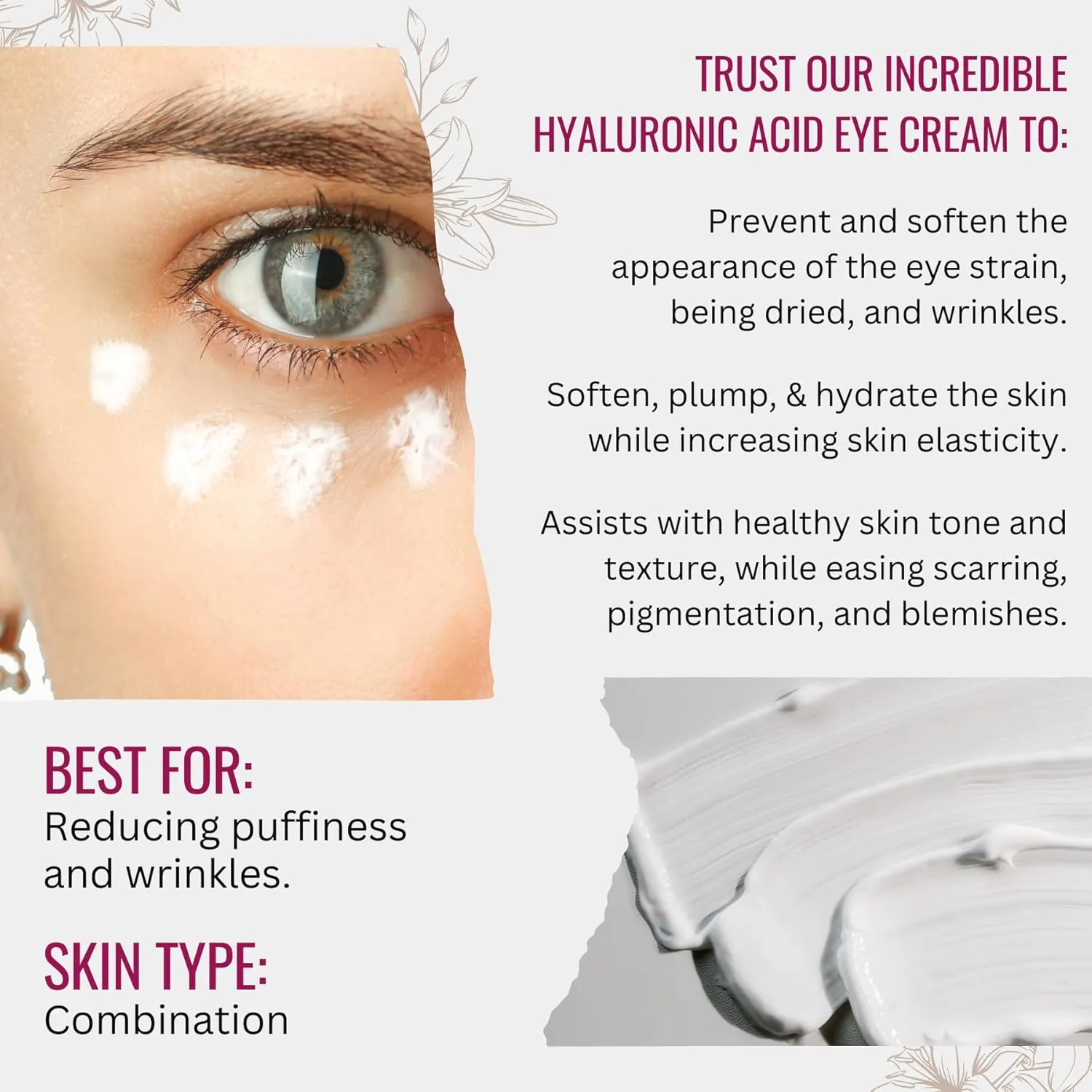 Hyaluronic Acid Eye Cream with Plant Extracts, Manuka Honey, Eye Bright Extract & Vitamin E | Plant Based Formula | Carefully formulated to keep your eyes bright and healthy!