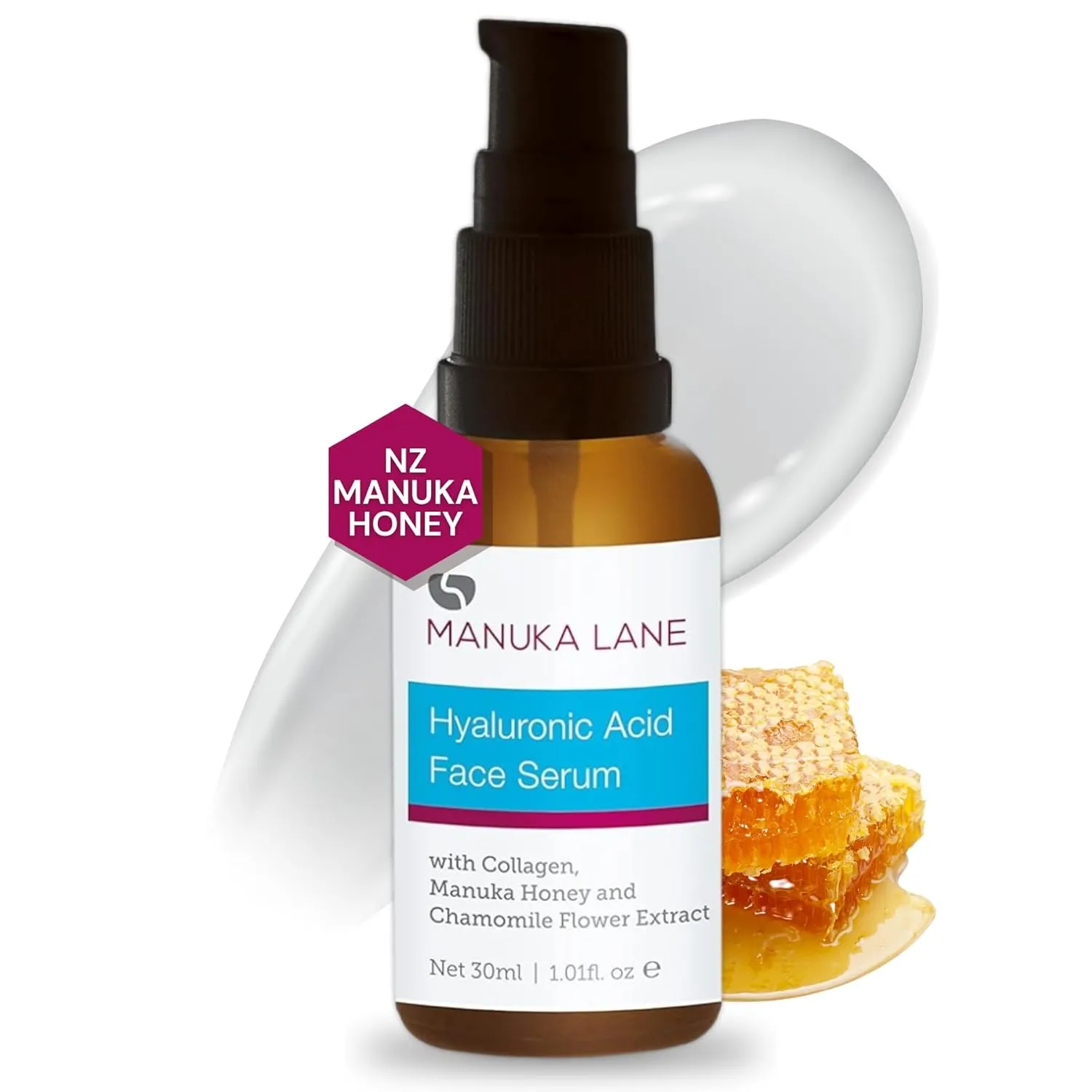 Hyaluronic Acid Serum for Face and Neck with Collagen, Manuka Honey & Chamomile Flower Extract | Plant Based Formula | Carefully formulated to keep your skin young and healthy!