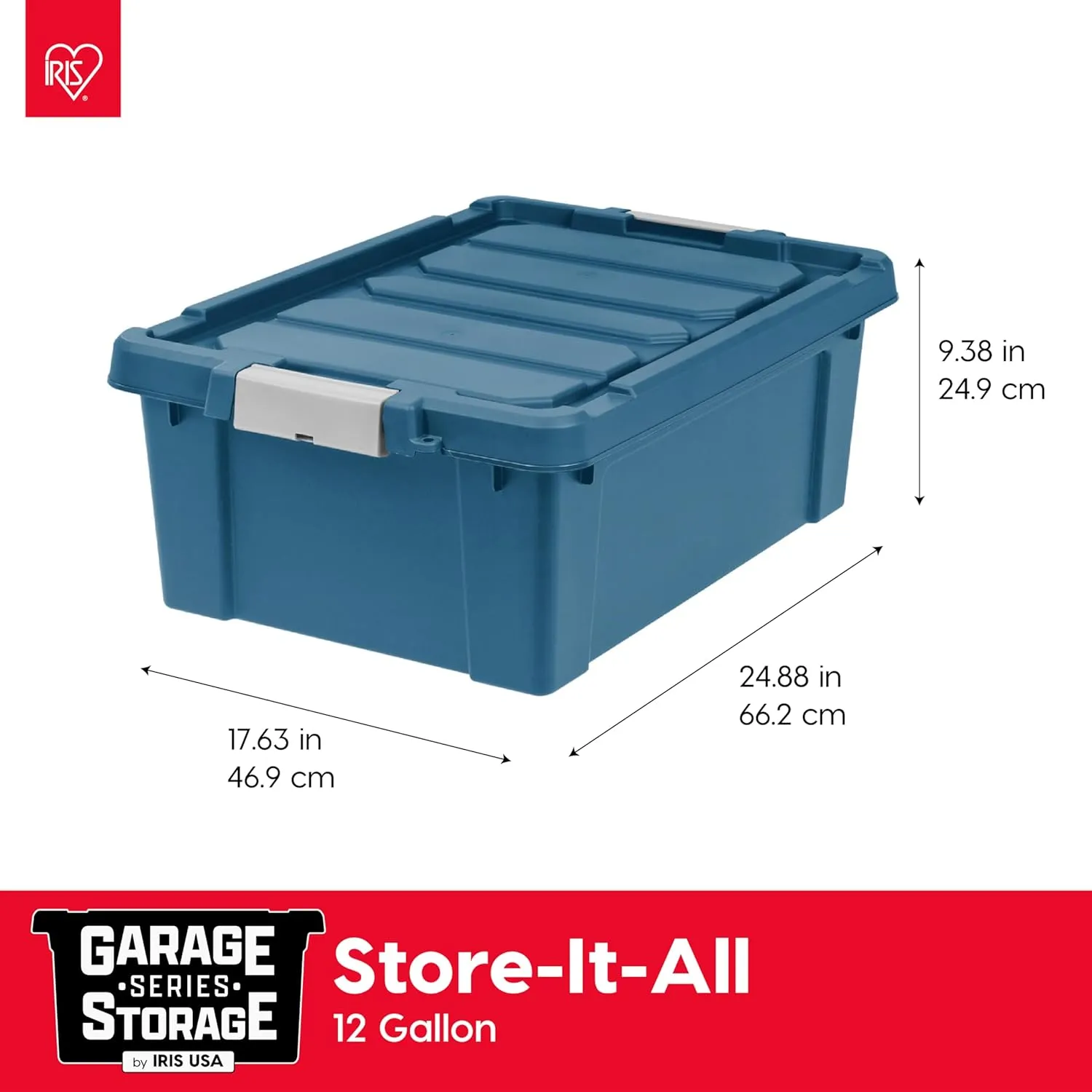 IRIS USA 12 Gallon Eco-Friendly Lockable Storage Bins with Lids, 4 Pack - Made in USA, Heavy Duty, Stackable Containers, Garage Organizing Bins Moving Tubs, Rugged Sturdy Equipment Utility Box - Navy