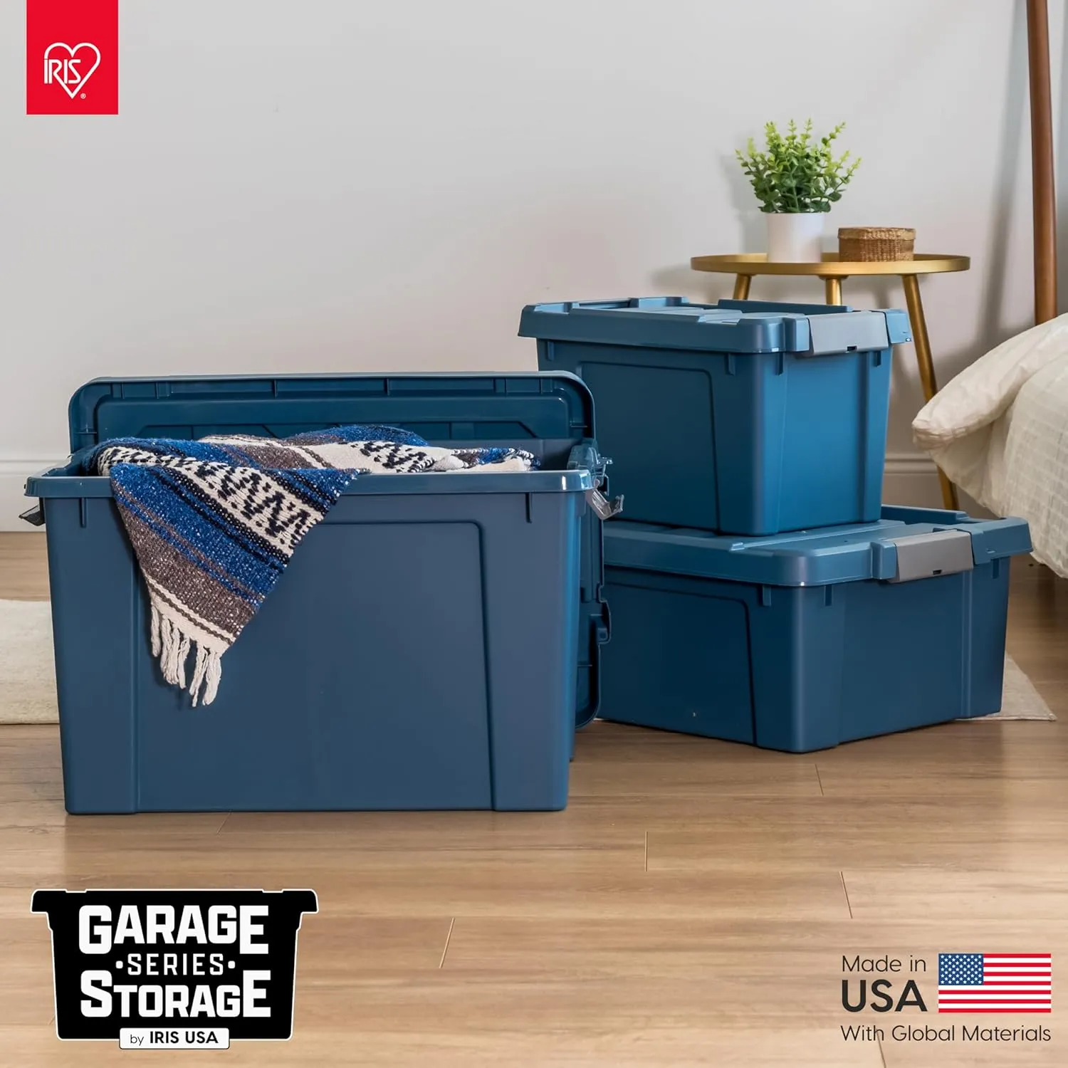 IRIS USA 12 Gallon Eco-Friendly Lockable Storage Bins with Lids, 4 Pack - Made in USA, Heavy Duty, Stackable Containers, Garage Organizing Bins Moving Tubs, Rugged Sturdy Equipment Utility Box - Navy
