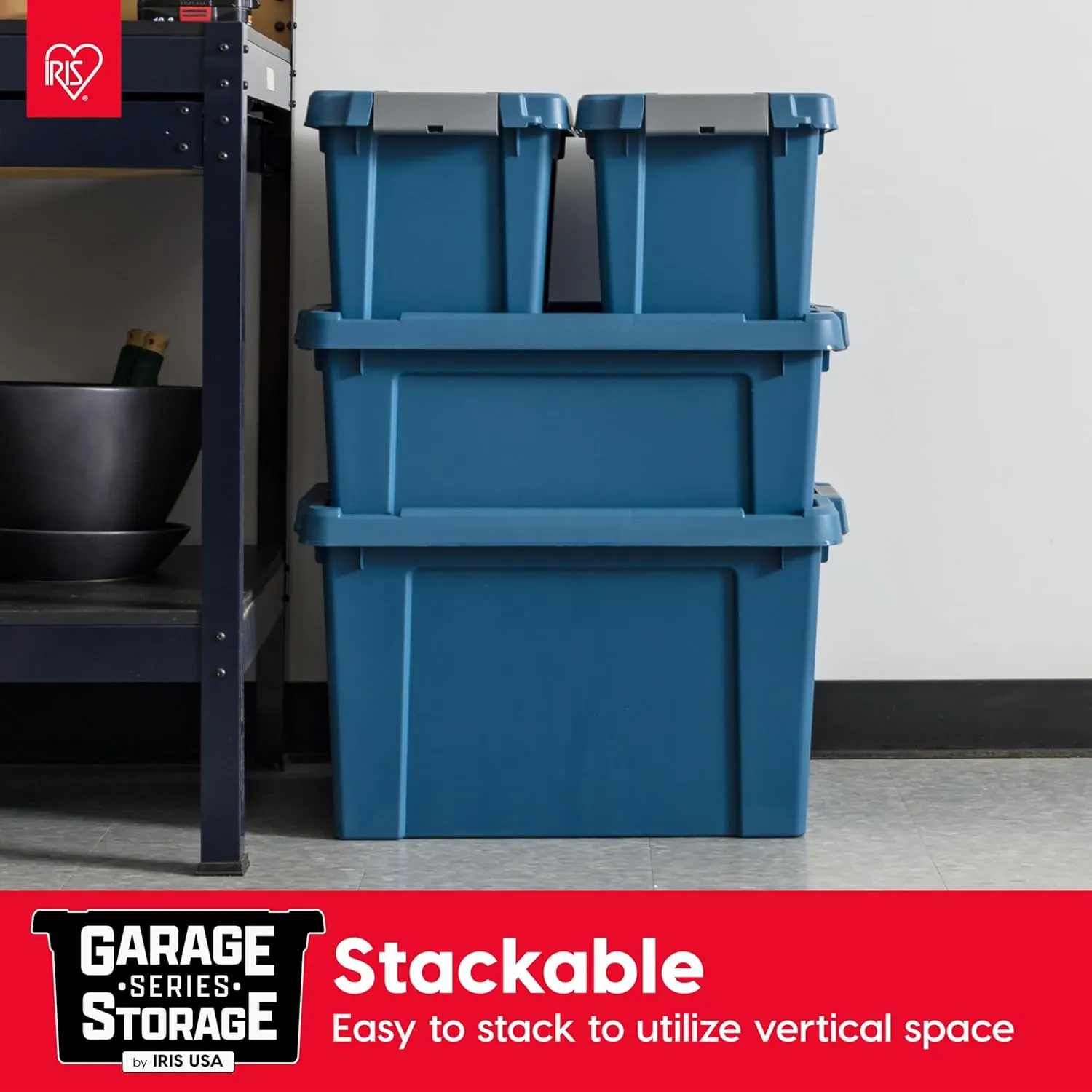 IRIS USA 12 Gallon Eco-Friendly Lockable Storage Bins with Lids, 4 Pack - Made in USA, Heavy Duty, Stackable Containers, Garage Organizing Bins Moving Tubs, Rugged Sturdy Equipment Utility Box - Navy