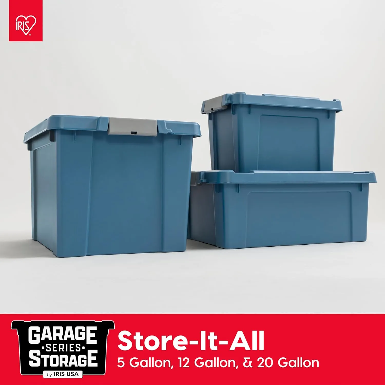 IRIS USA 12 Gallon Eco-Friendly Lockable Storage Bins with Lids, 4 Pack - Made in USA, Heavy Duty, Stackable Containers, Garage Organizing Bins Moving Tubs, Rugged Sturdy Equipment Utility Box - Navy