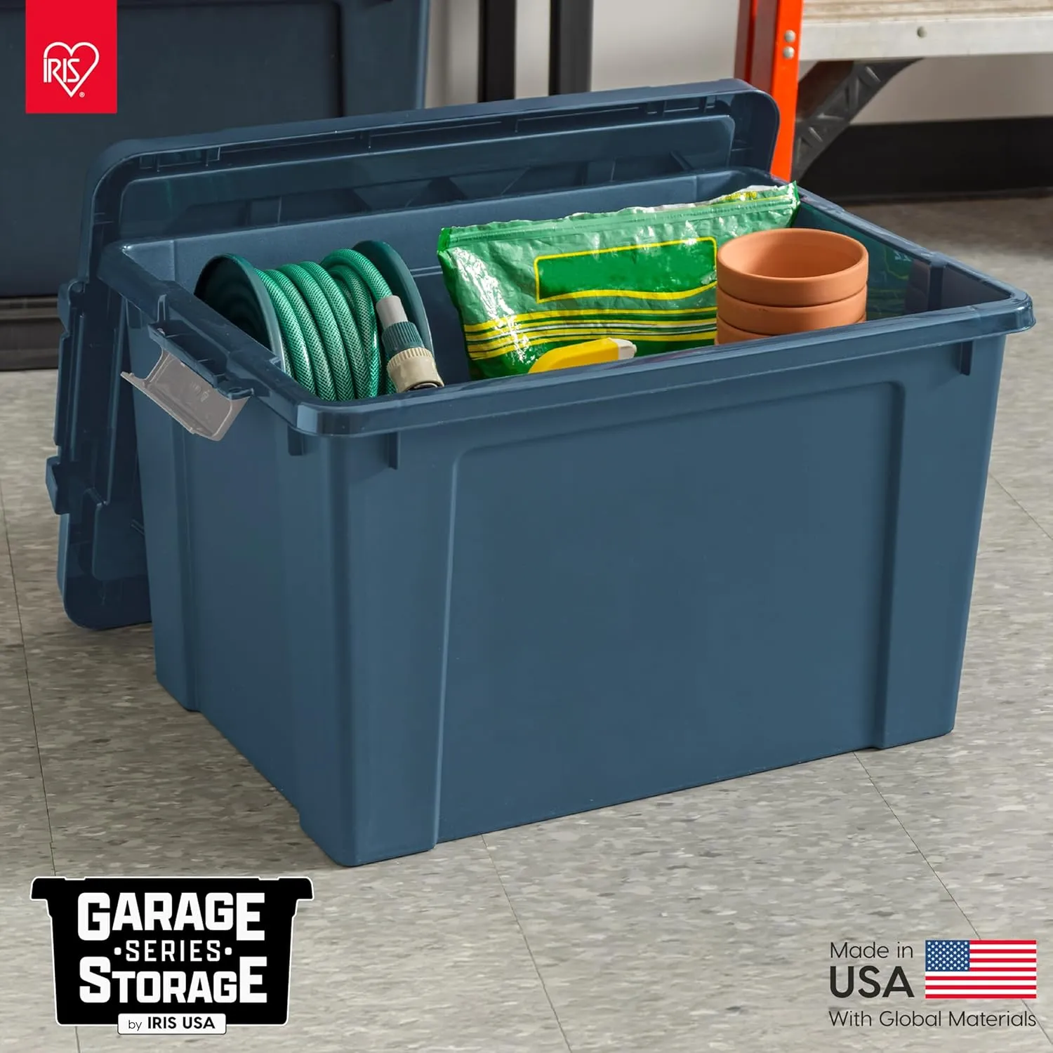 IRIS USA 20 Gallon Eco-Friendly Lockable Storage Bins with Lids, 4 Pack - Made in USA, Heavy Duty, Stackable Containers, Garage Organizing Bins Moving Tubs, Rugged Sturdy Equipment Utility Box - Navy