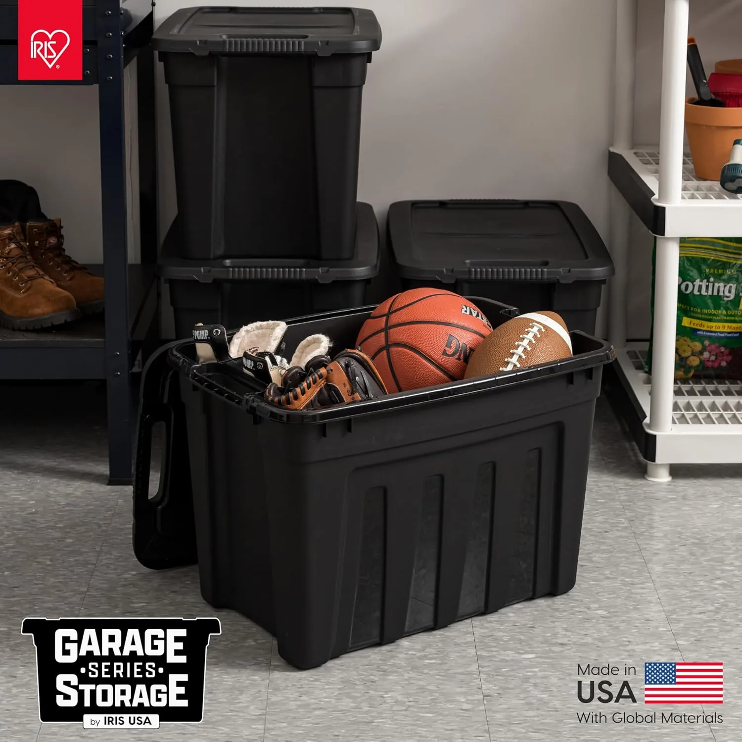 IRIS USA 20 Gallon Heavy Duty Storage Totes with Easy-Grip Handles, 4 Pack - Large Bins with Lids Garage Organizing Tubs, Durable Stackable Utility Containers, Made in USA - Black