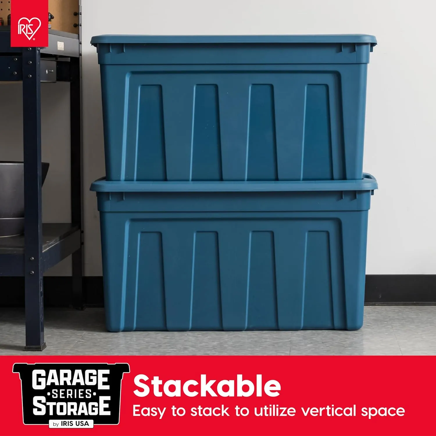 IRIS USA 31 Gallon Eco-Friendly Heavy Duty Totes for Storage with Easy-Grip Handles, 4 Pack - Made in USA, Storage Bins with Lids, Durable Stackable Utility Containers, Large Garage Organizing - Navy