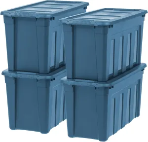 IRIS USA 31 Gallon Eco-Friendly Heavy Duty Totes for Storage with Easy-Grip Handles, 4 Pack - Made in USA, Storage Bins with Lids, Durable Stackable Utility Containers, Large Garage Organizing - Navy