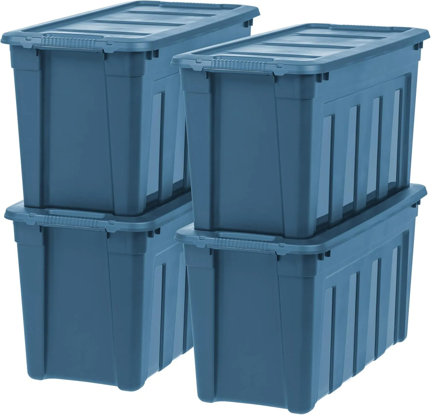 IRIS USA 31 Gallon Eco-Friendly Heavy Duty Totes for Storage with Easy-Grip Handles, 4 Pack - Made in USA, Storage Bins with Lids, Durable Stackable Utility Containers, Large Garage Organizing - Navy