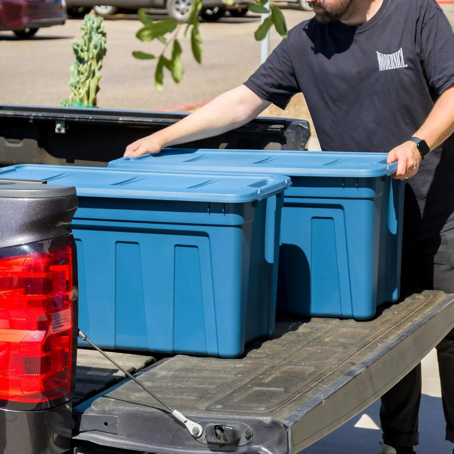 IRIS USA 31 Gallon Eco-Friendly Heavy Duty Totes for Storage with Easy-Grip Handles, 4 Pack - Made in USA, Storage Bins with Lids, Durable Stackable Utility Containers, Large Garage Organizing - Navy
