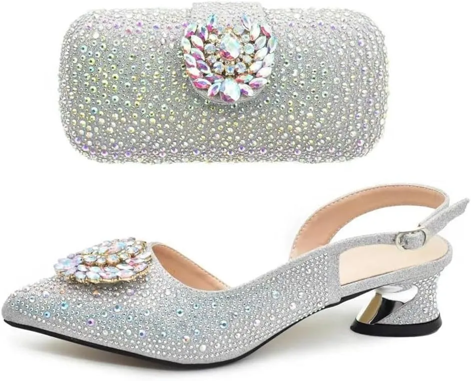 Italian Diamond Shoes and Bags Matching Set Rhinestone Party Wedding Luxury Women Set