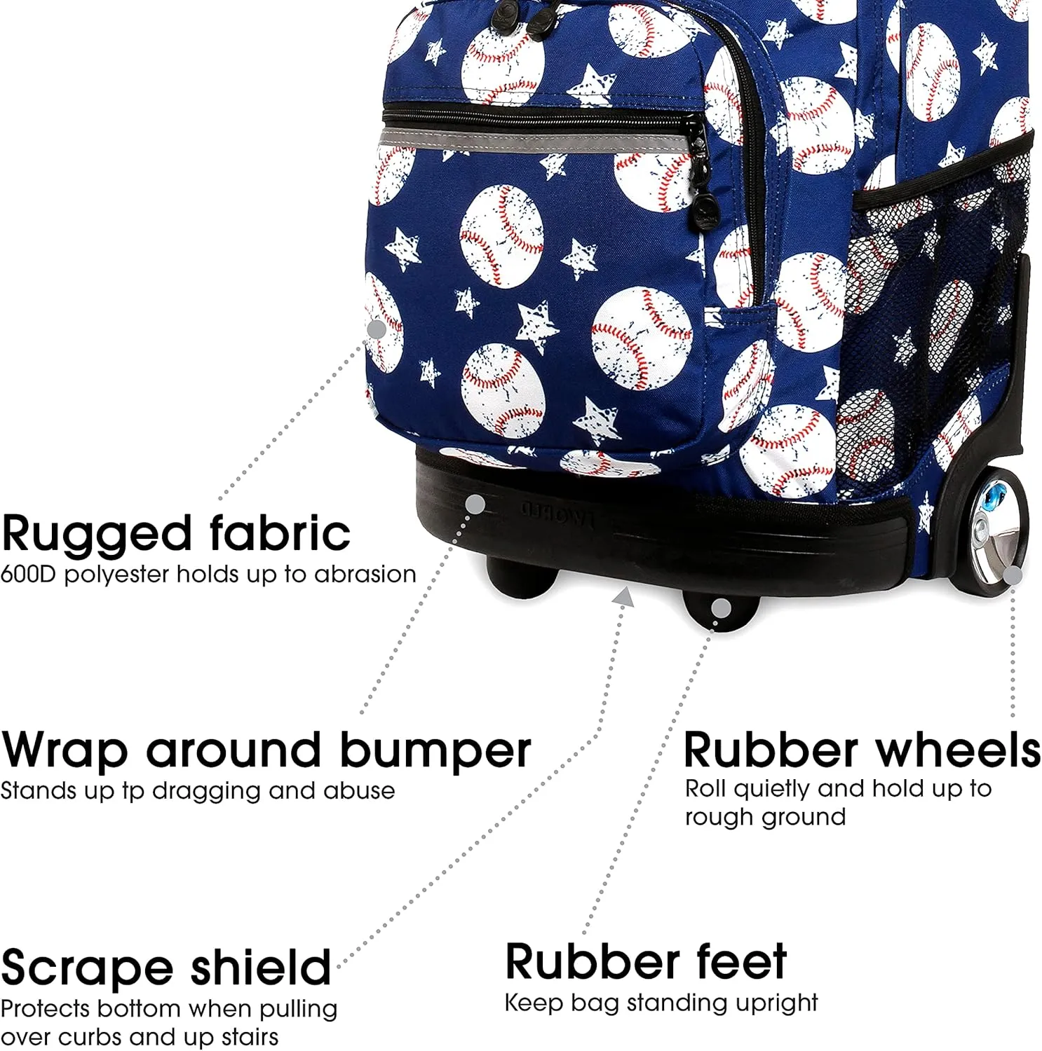 J World New York Sunrise Kids Rolling Backpack for Girls Boys Teen. Roller Bookbag with Wheels, Base Ball, 18"