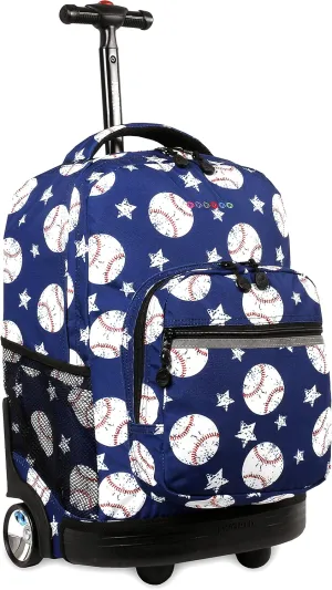 J World New York Sunrise Kids Rolling Backpack for Girls Boys Teen. Roller Bookbag with Wheels, Base Ball, 18"