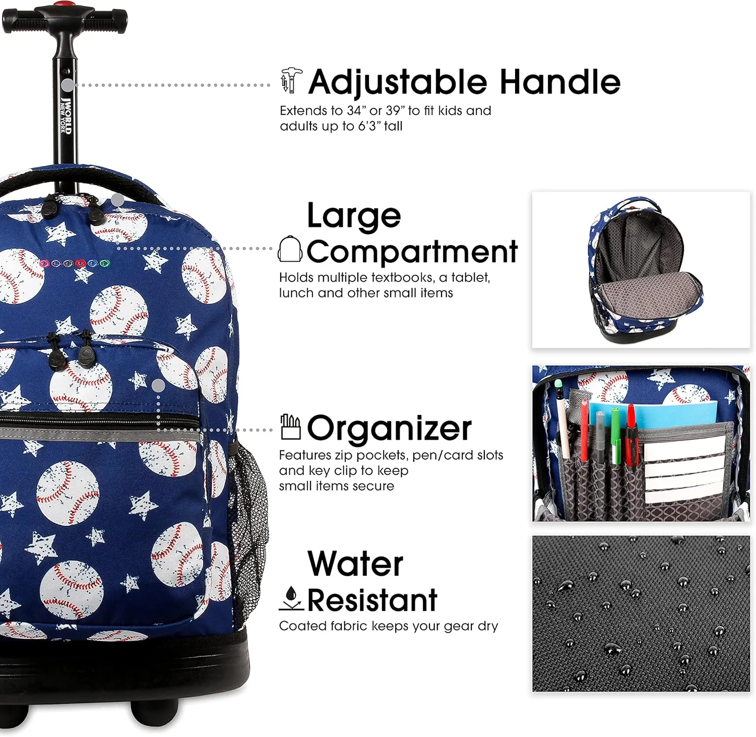 J World New York Sunrise Kids Rolling Backpack for Girls Boys Teen. Roller Bookbag with Wheels, Base Ball, 18"