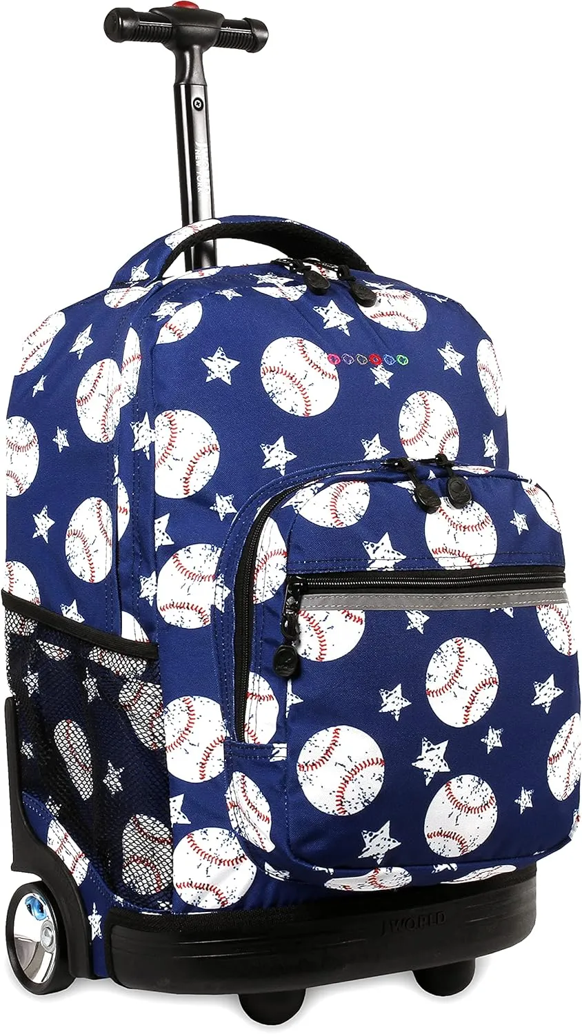 J World New York Sunrise Kids Rolling Backpack for Girls Boys Teen. Roller Bookbag with Wheels, Base Ball, 18"