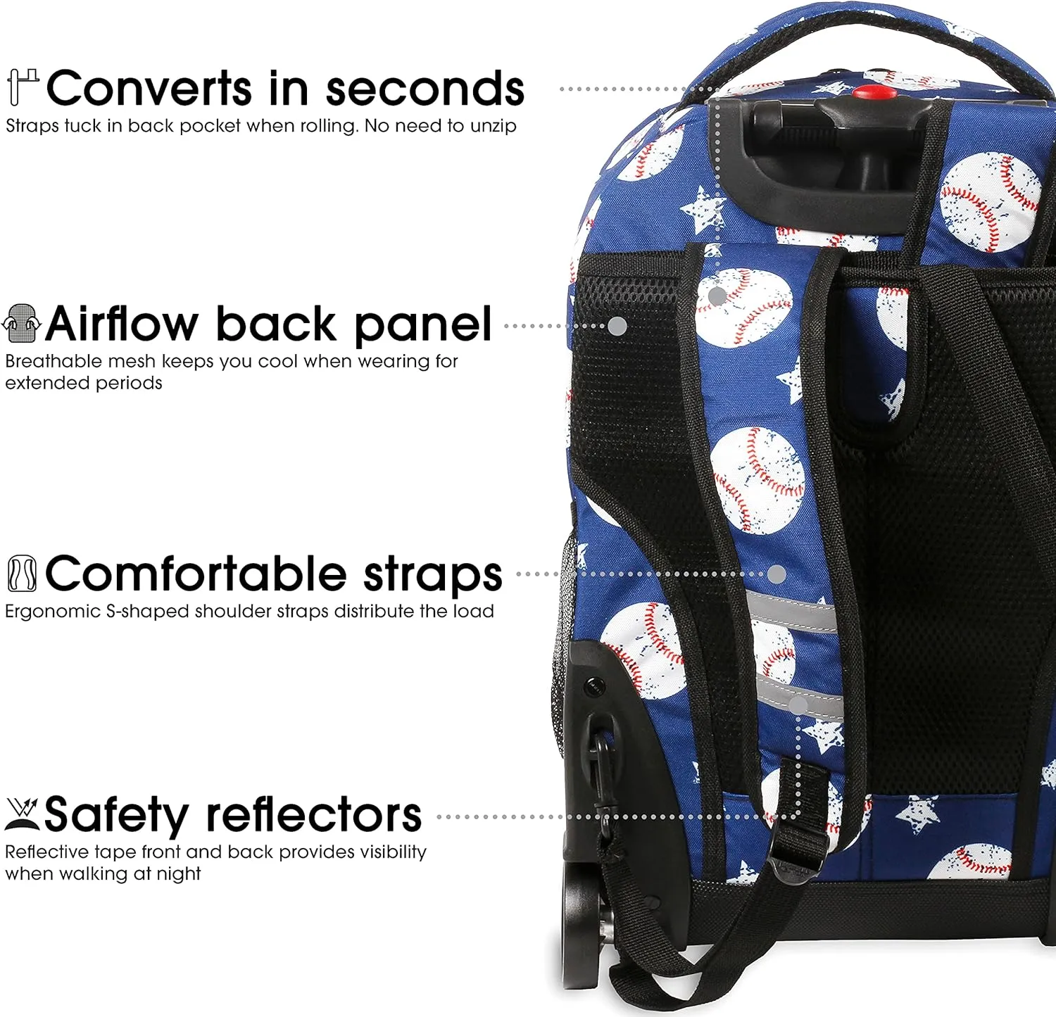 J World New York Sunrise Kids Rolling Backpack for Girls Boys Teen. Roller Bookbag with Wheels, Base Ball, 18"