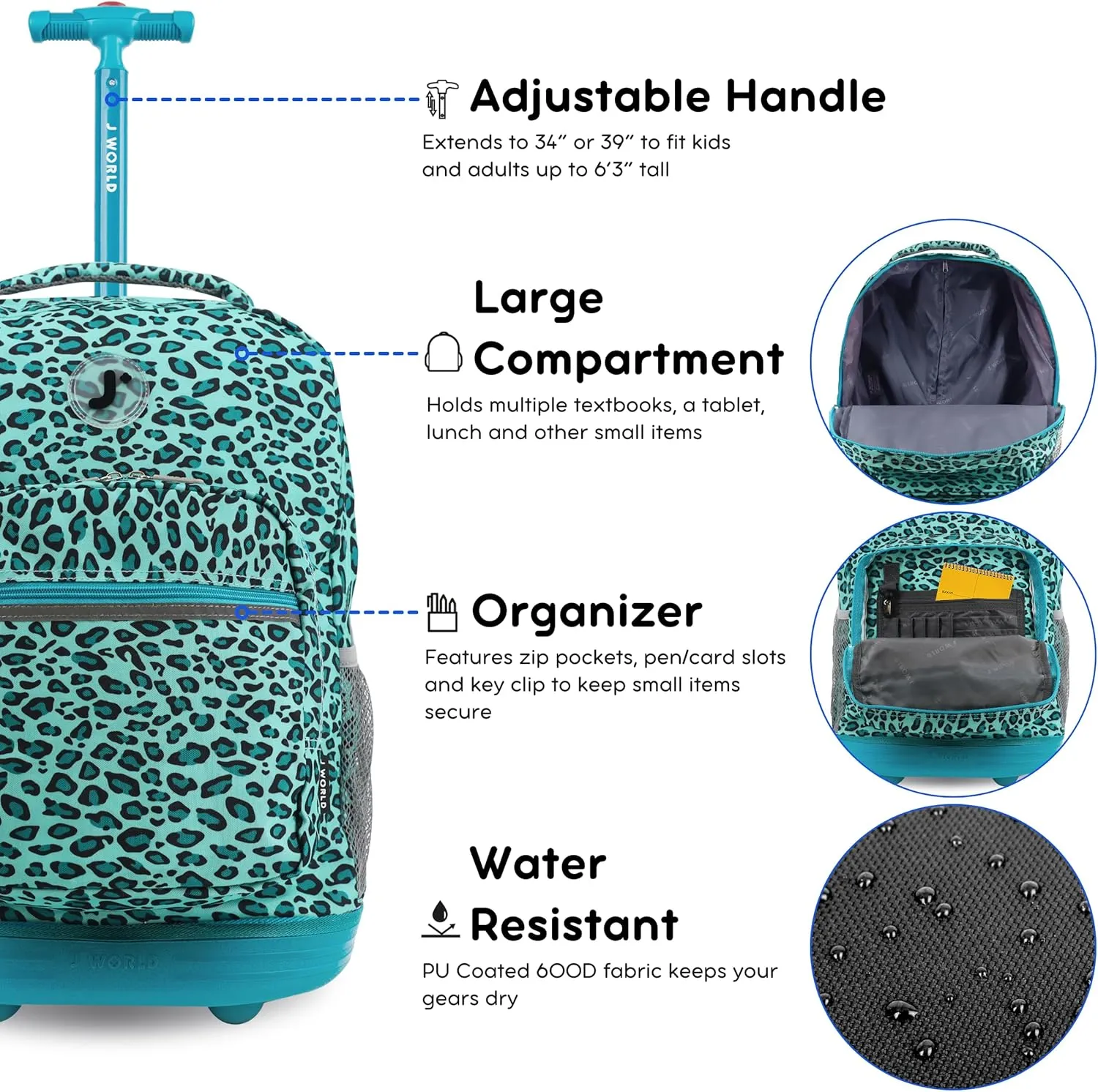 J World New York Sunrise Kids Rolling Backpack for Girls Boys Teen. Roller Bookbag with Wheels, Mint Leopard, 18"