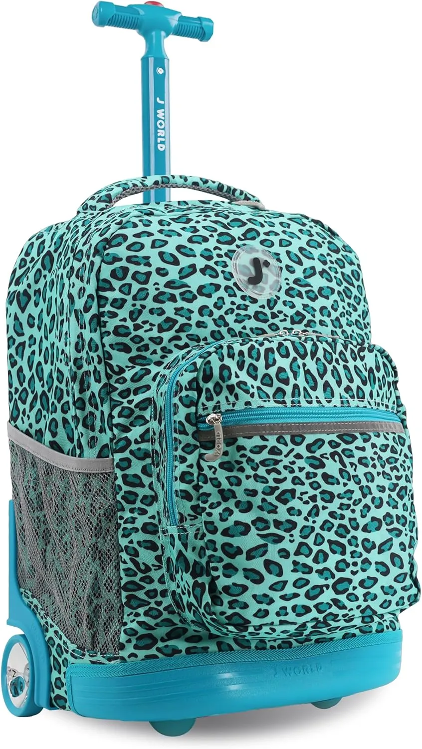 J World New York Sunrise Kids Rolling Backpack for Girls Boys Teen. Roller Bookbag with Wheels, Mint Leopard, 18"