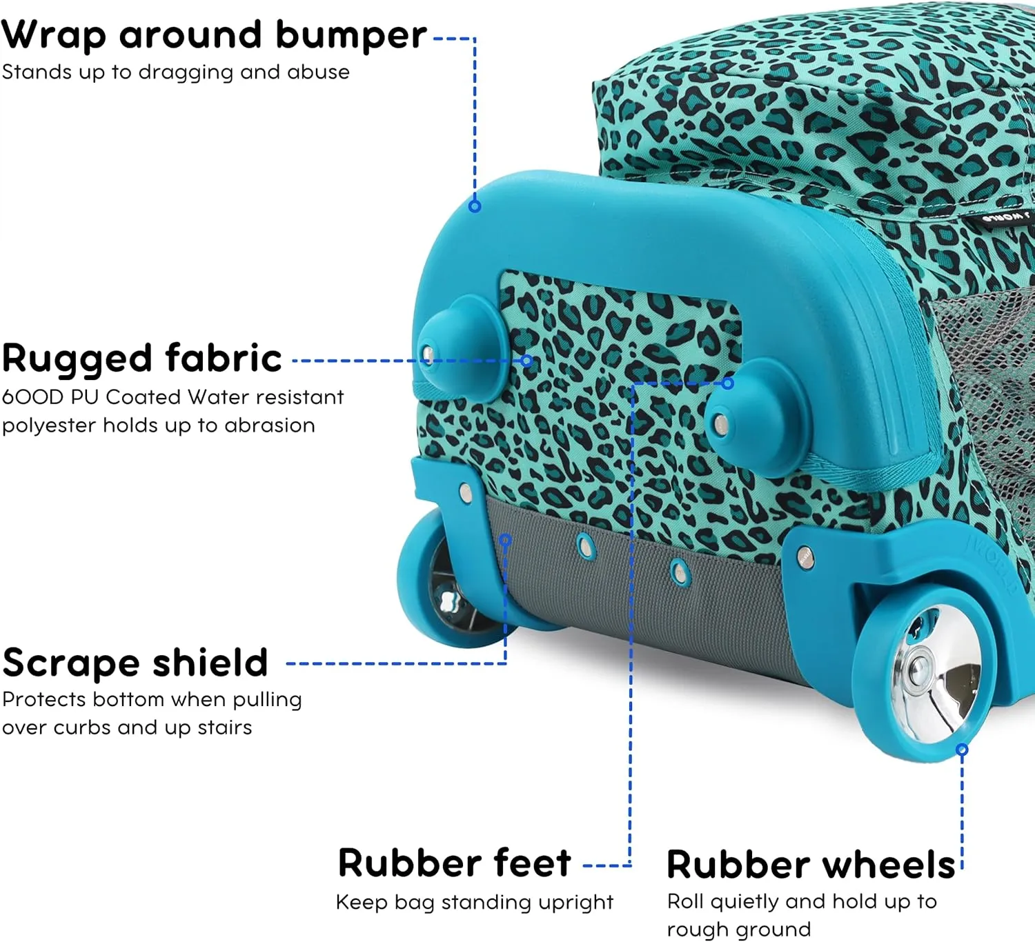 J World New York Sunrise Kids Rolling Backpack for Girls Boys Teen. Roller Bookbag with Wheels, Mint Leopard, 18"