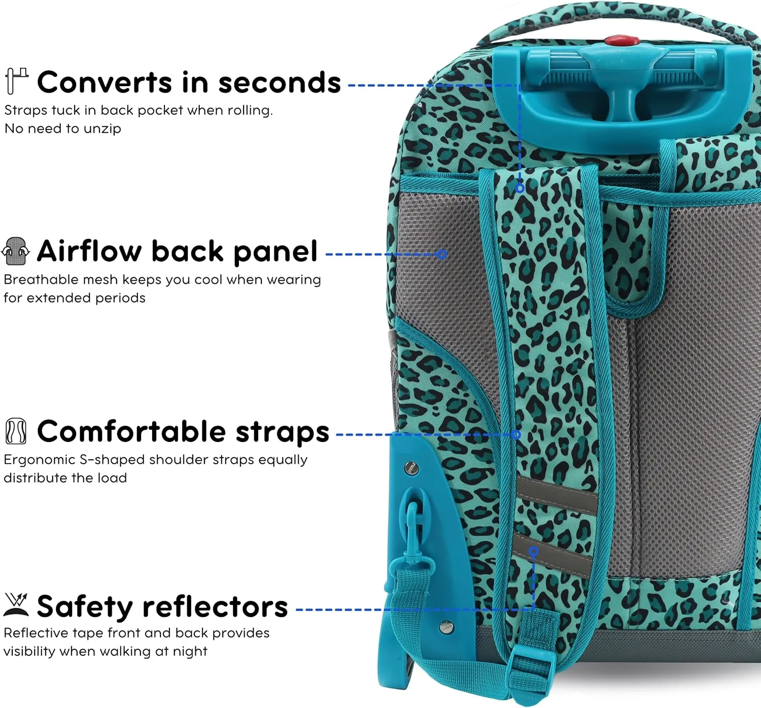 J World New York Sunrise Kids Rolling Backpack for Girls Boys Teen. Roller Bookbag with Wheels, Mint Leopard, 18"