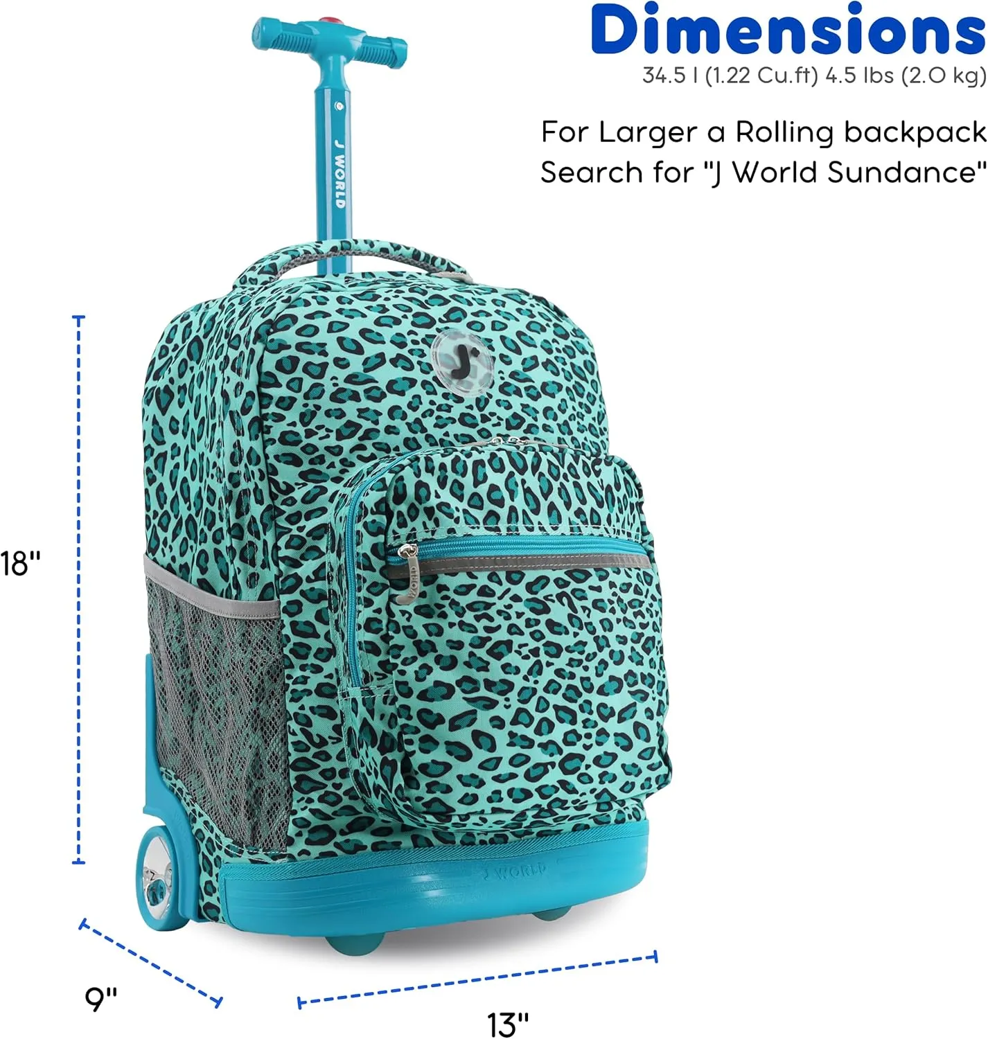 J World New York Sunrise Kids Rolling Backpack for Girls Boys Teen. Roller Bookbag with Wheels, Mint Leopard, 18"