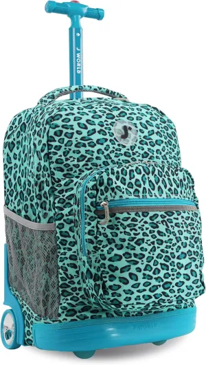 J World New York Sunrise Kids Rolling Backpack for Girls Boys Teen. Roller Bookbag with Wheels, Mint Leopard, 18"