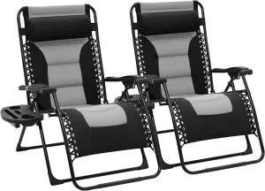 JEAREY Oversized Padded Zero Gravity Chairs Set of 2, Folding Lounge Chair Outdoor Patio Recliner, Anti Gravity Chair for Backyard with Headrest, Cup Holder, Side Tray, Polyester Mesh - Black/Gray