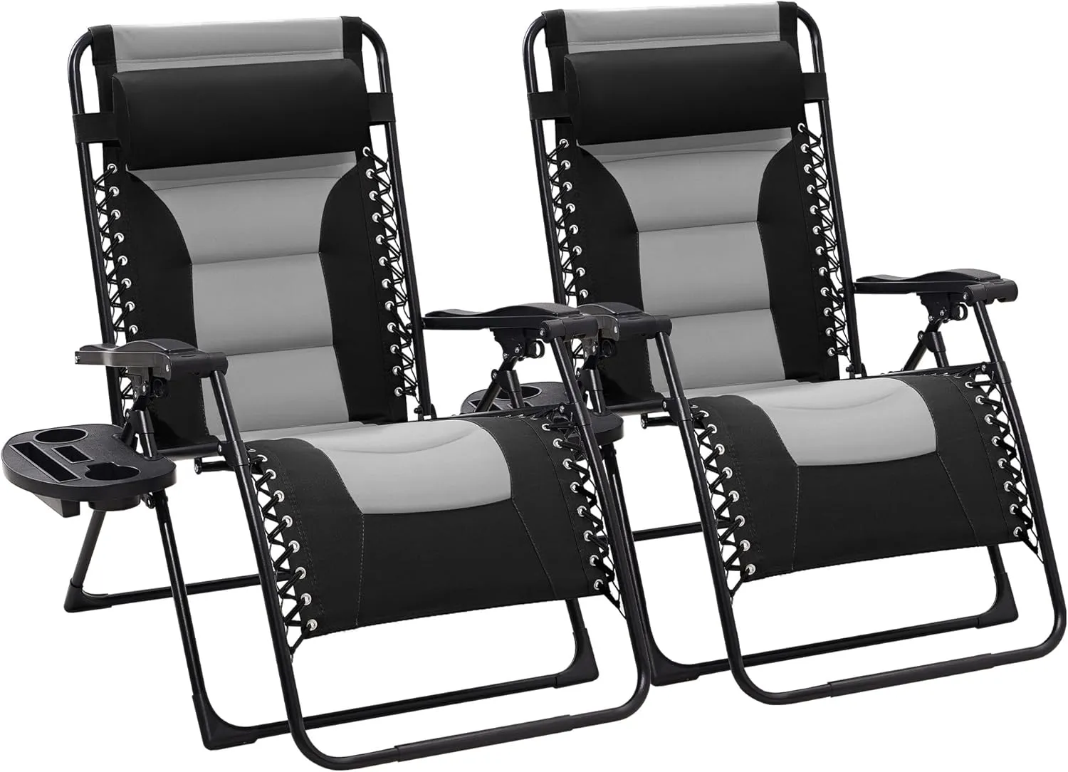JEAREY Oversized Padded Zero Gravity Chairs Set of 2, Folding Lounge Chair Outdoor Patio Recliner, Anti Gravity Chair for Backyard with Headrest, Cup Holder, Side Tray, Polyester Mesh - Black/Gray