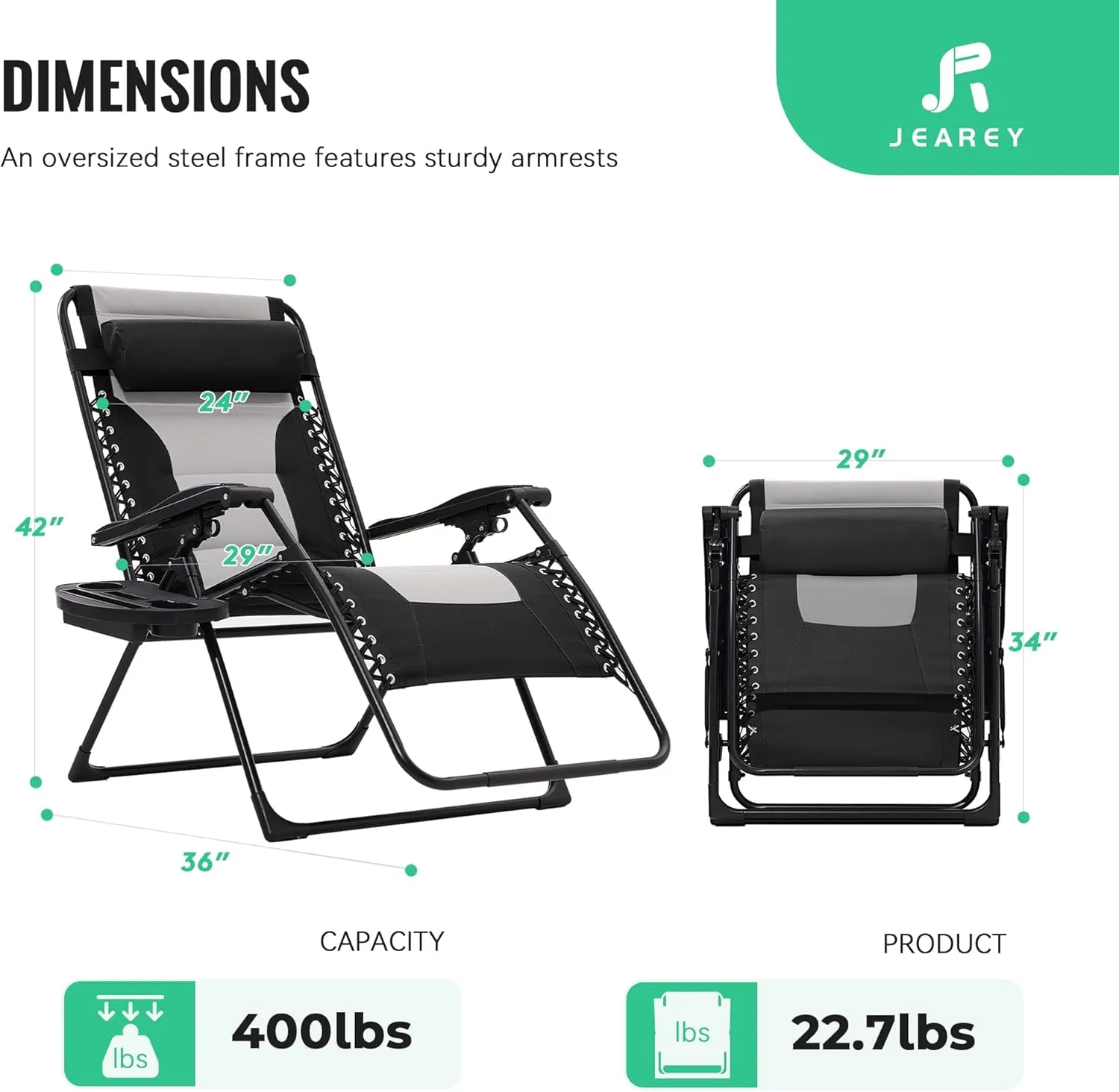 JEAREY Oversized Padded Zero Gravity Chairs Set of 2, Folding Lounge Chair Outdoor Patio Recliner, Anti Gravity Chair for Backyard with Headrest, Cup Holder, Side Tray, Polyester Mesh - Black/Gray