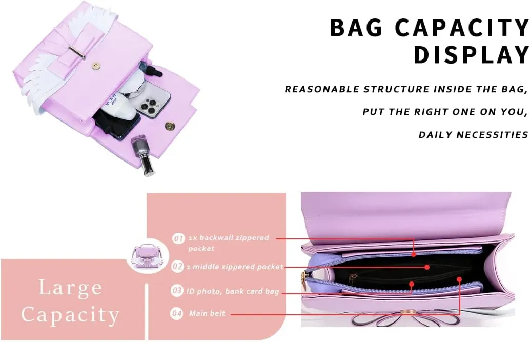 JHVYF Women's Cute Wings Bow Top Handle Cross Body Shoulder Bags Girls Kawaii Handbag