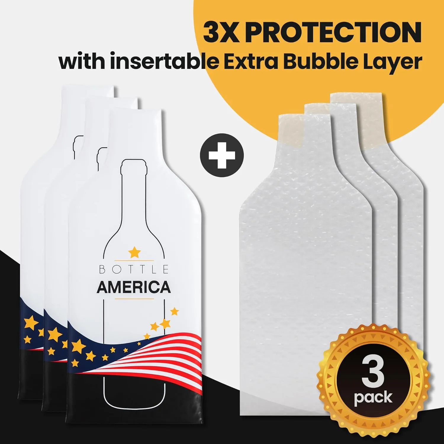 JIMMY THE FOX | Reusable Wine Bags for Travel | 3-Pack | Durable Triple-Layer Bottle Protector Sleeve | Leak-Proof & Impact-Resistant | Airplane & Cruise Luggage | Wine Lover Gifts - Bottle America