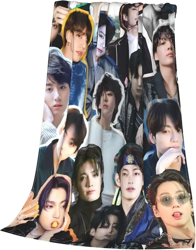 Jungkook Blanket Jeon Jung Kook Soft and Comfortable Warm Fleece Throw Full Picture of Idol Group Blankets 50"X40" Beach Blankets Gift for Dorm Room Decor Sofa Bed Camping Travel