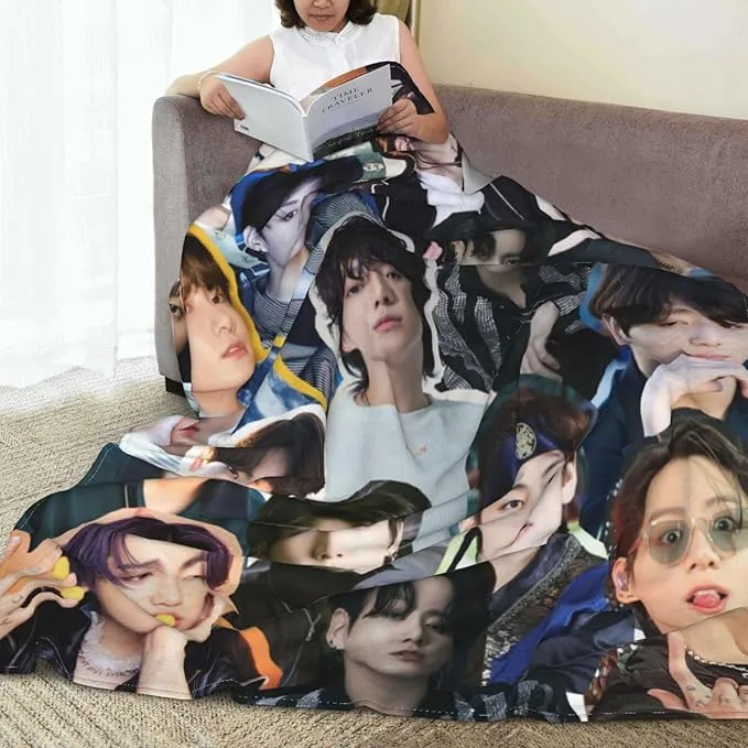 Jungkook Blanket Jeon Jung Kook Soft and Comfortable Warm Fleece Throw Full Picture of Idol Group Blankets 50"X40" Beach Blankets Gift for Dorm Room Decor Sofa Bed Camping Travel