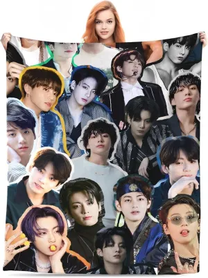 Jungkook Blanket Jeon Jung Kook Soft and Comfortable Warm Fleece Throw Full Picture of Idol Group Blankets 50"X40" Beach Blankets Gift for Dorm Room Decor Sofa Bed Camping Travel