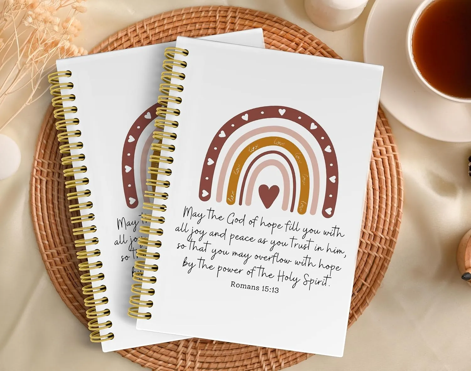 Knibeo Boho Christian Journal Notebook - Gratitude Prayer Journal Notebook, Bible Journaling Notebook, Christian Gifts, Rainbow Notebook, 5.5×8.3 Spiral Bound Notebook with 164 Pages, Romans 15 13