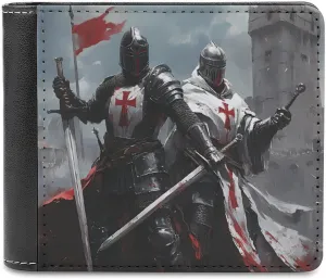 Knights with Swords Bi-fold Men's Wallets with 6 Card Holders Slim PU Leather Purse Outdoor Money Clip