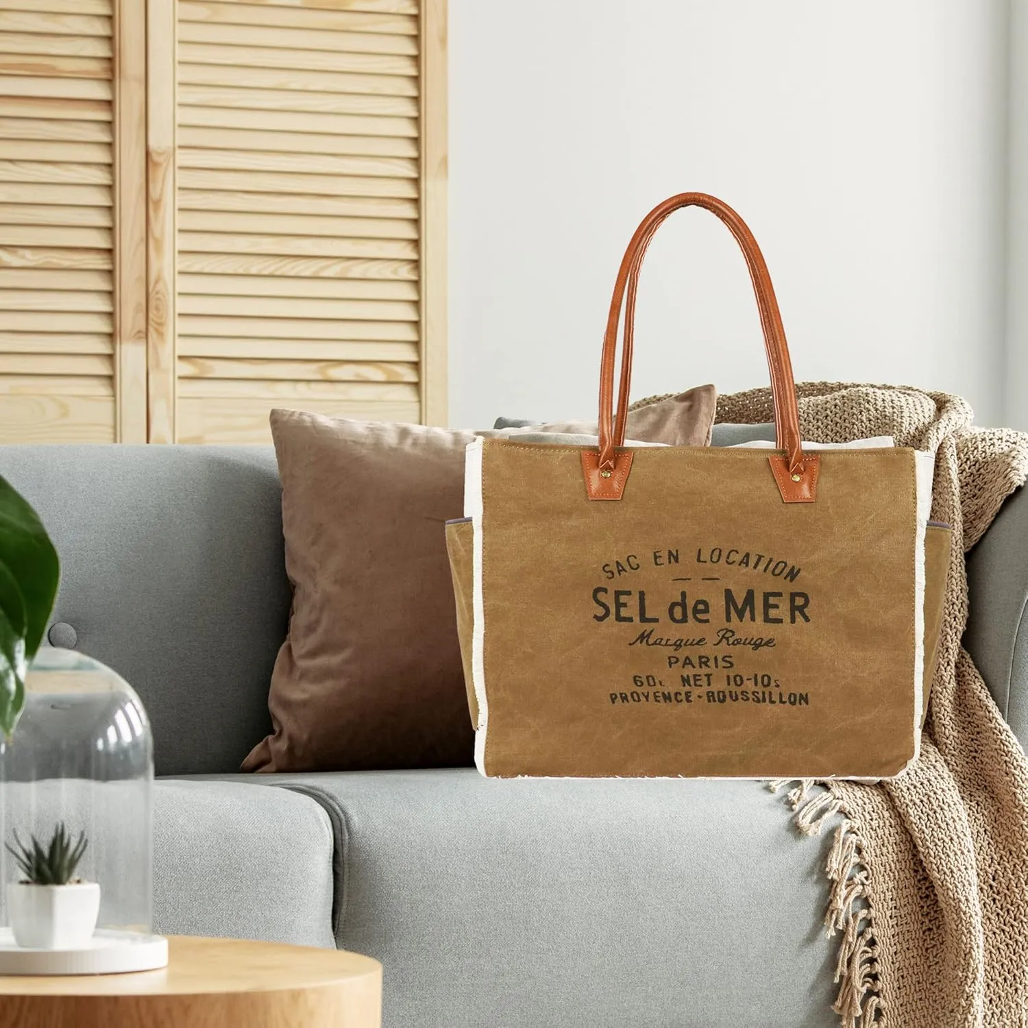 Lamyba Sel De Mer Canvas HandBag Upcycled Canvas Leather Tote Bag