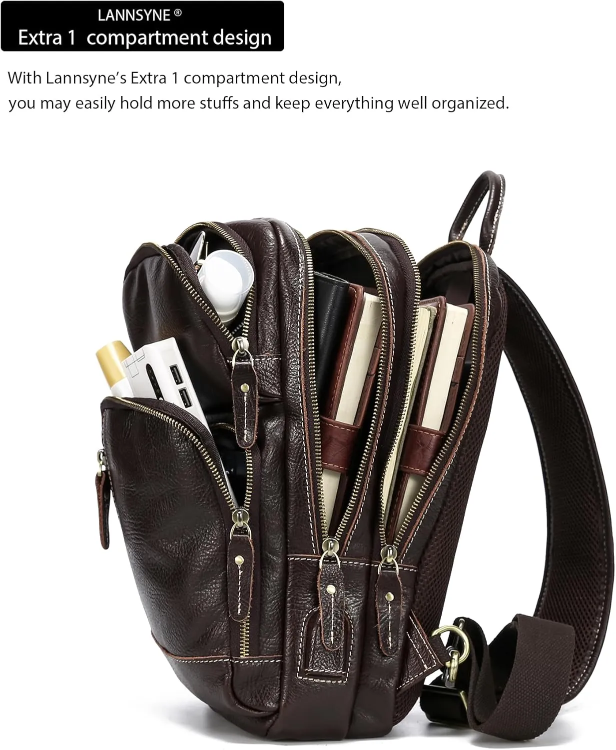 LANNSYNE Full Grain Leather Sling Bag For Men Crossbody Chest Daypack fits 10.5" iPad