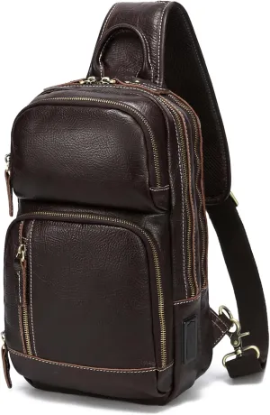 LANNSYNE Full Grain Leather Sling Bag For Men Crossbody Chest Daypack fits 10.5" iPad