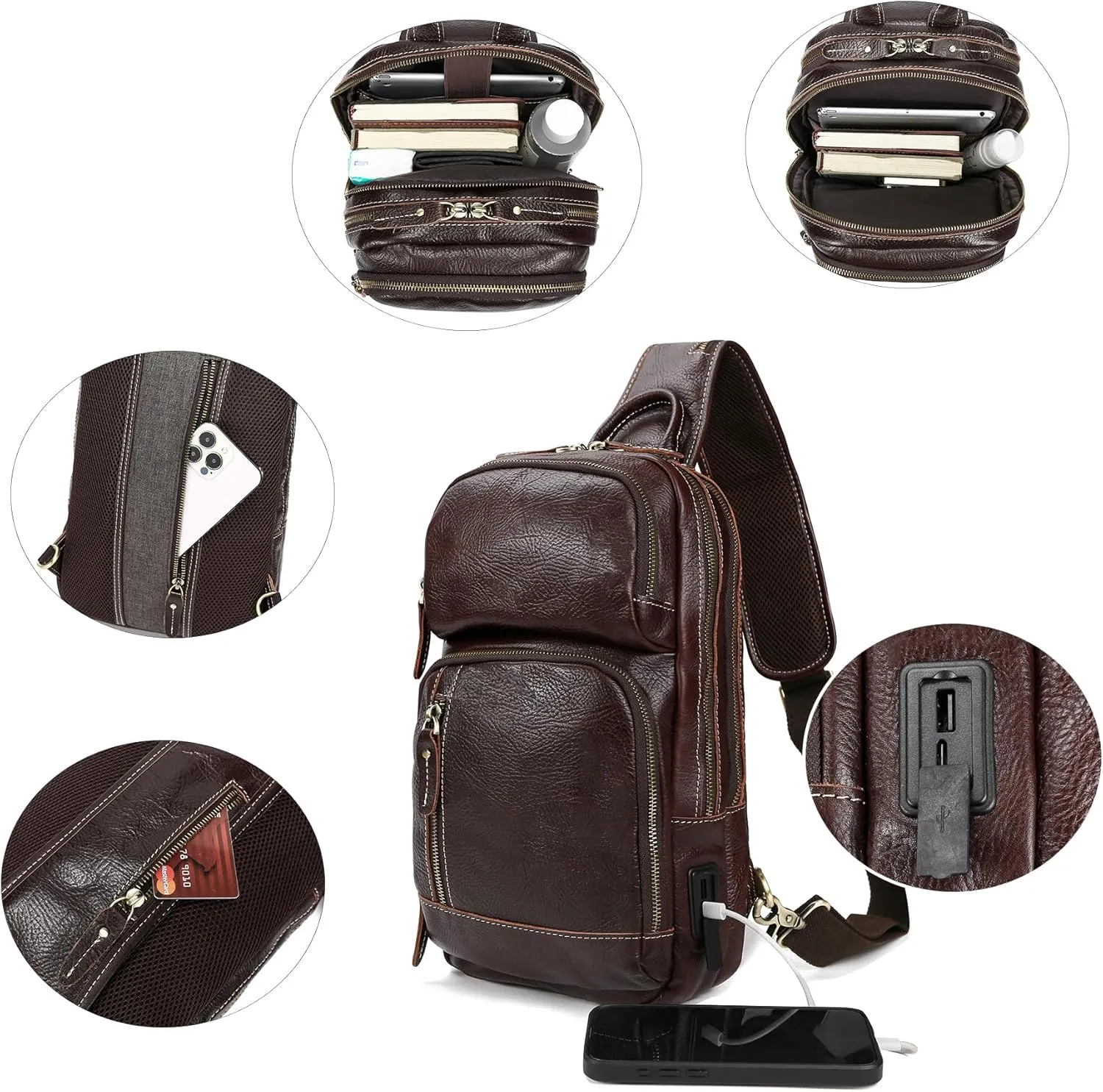LANNSYNE Full Grain Leather Sling Bag For Men Crossbody Chest Daypack fits 10.5" iPad
