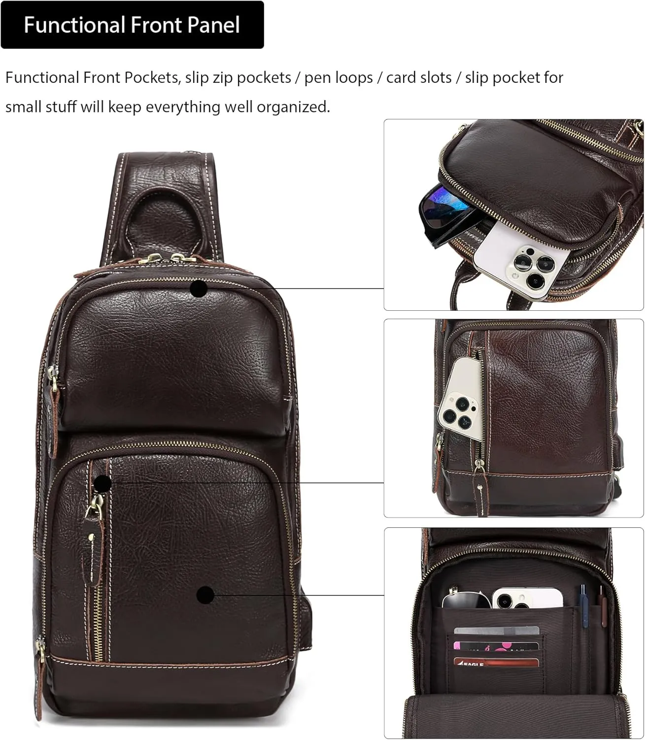 LANNSYNE Full Grain Leather Sling Bag For Men Crossbody Chest Daypack fits 10.5" iPad