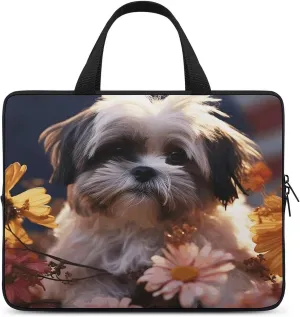 Laptop Bag Ultrathin Shih Tzu Dog And Flowers Printing Laptop Carrying Case Portability Messenger Bags For Work Travel