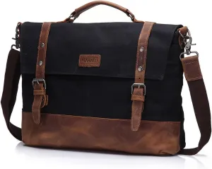 Laptop Messenger Bag 15.6" for Men Waxed Canvas Vintage Leather Business Briefcase Shoulder Bags Waterproof