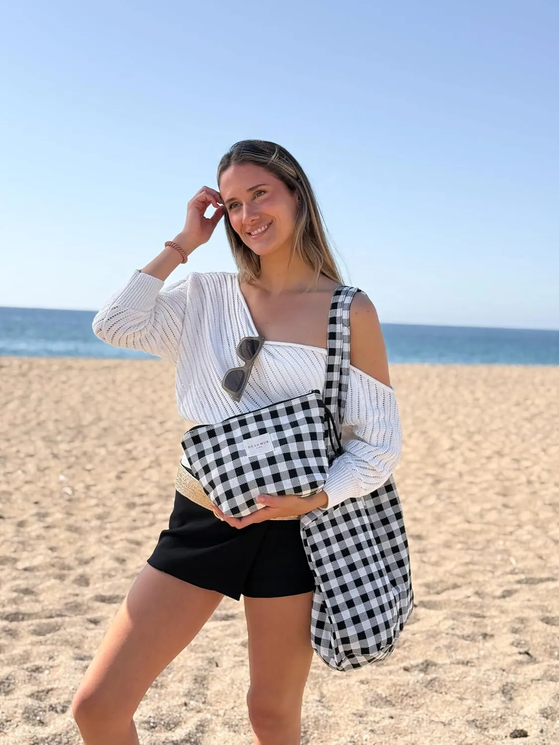 Large Checkered Travel Makeup Bag for Women – Black & White Cosmetic Organizer for Toiletries, Skincare & Beauty – Durable Travel Size Toiletry Pouch – Made in Barcelona, Spain