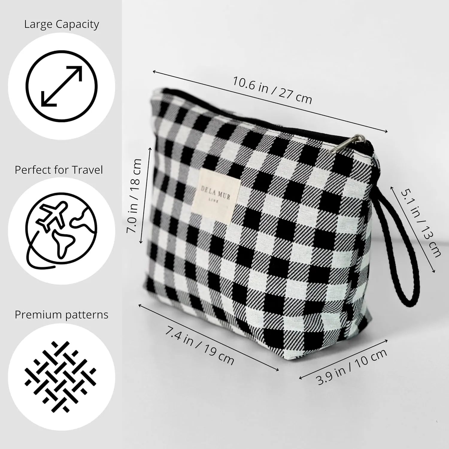 Large Checkered Travel Makeup Bag for Women – Black & White Cosmetic Organizer for Toiletries, Skincare & Beauty – Durable Travel Size Toiletry Pouch – Made in Barcelona, Spain