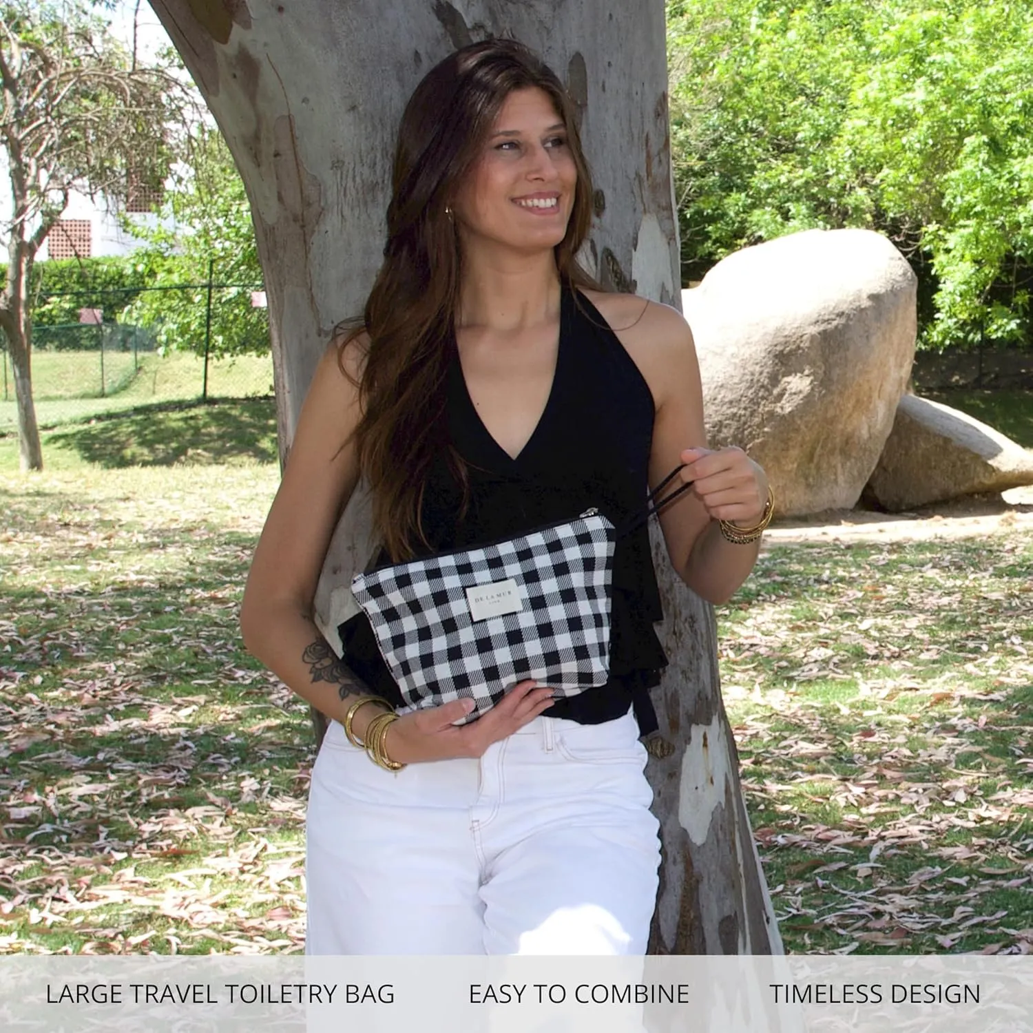 Large Checkered Travel Makeup Bag for Women – Black & White Cosmetic Organizer for Toiletries, Skincare & Beauty – Durable Travel Size Toiletry Pouch – Made in Barcelona, Spain